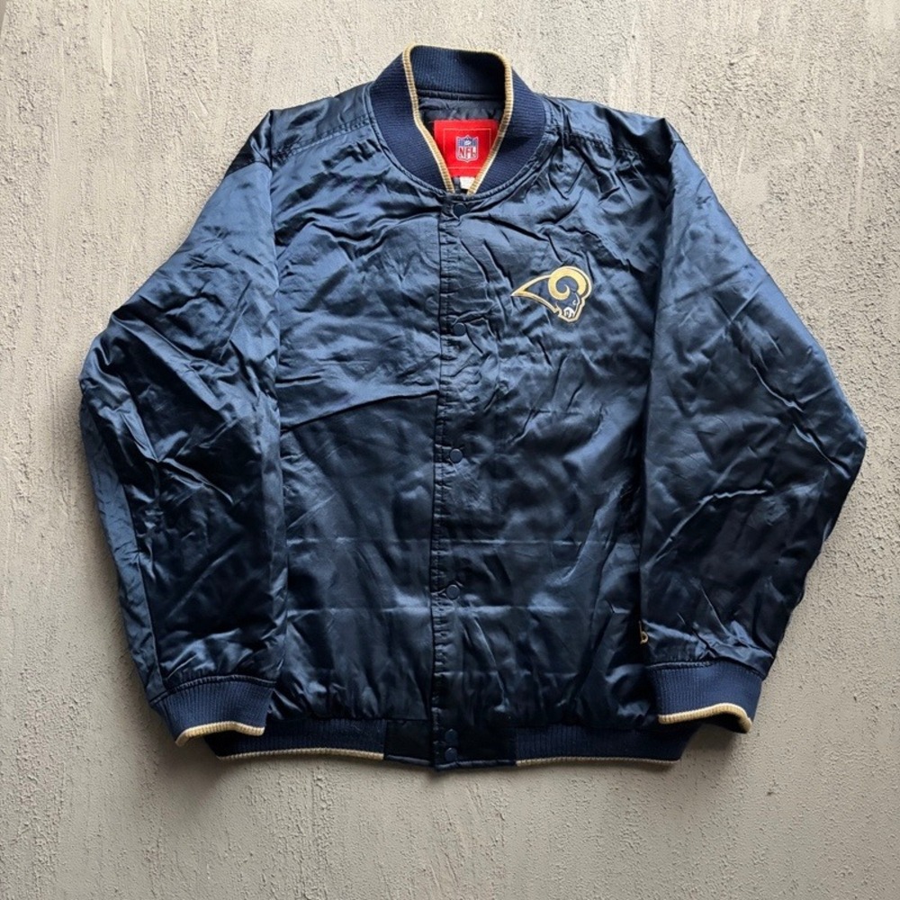 Vintage St. Louis Rams Bomber Jacket Large Blue 1990s Satin Varsity Snap